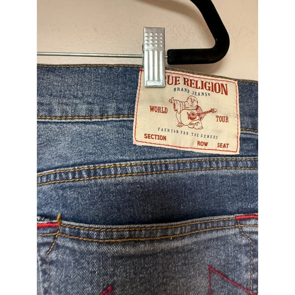 True Religion Ricky Relaxed Straight Jeans‎ Mens 33 Blue Excellent Red Stitching